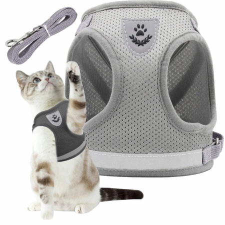 REFLECTIVE adjustable non-restrictive walking harness for cats and dogs + LEASH 120 cm - S GREY