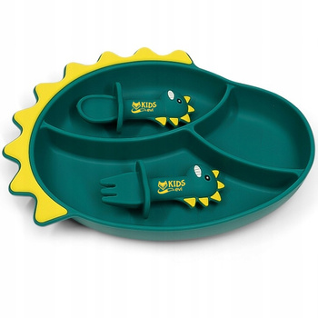 Silikonowy talerzyk z przyssawką BLW dla dziecka DINOZAUR i sztućce - zielony