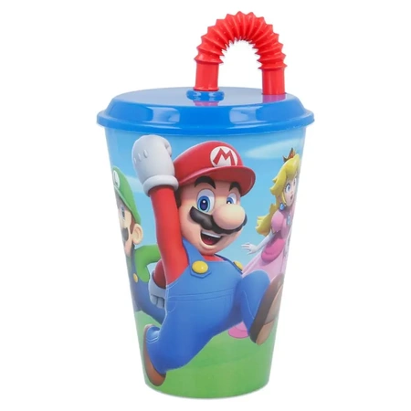 A SUPER MARIO cup with a straw and lid for a child