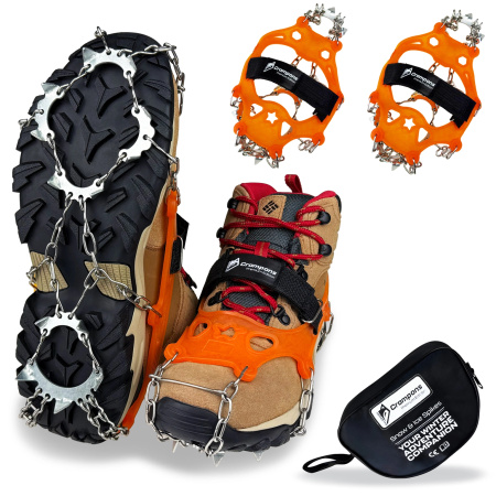 HIKING SHOE GRIPPERS ANTI-SLIP CHAINS TREKKING SPIKES WITH CASE - 41-44 CRAMPONS PREMIUM +