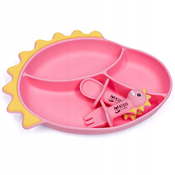 Silicone suction cup BLW plate for baby DINOZAUR and cutlery - pink