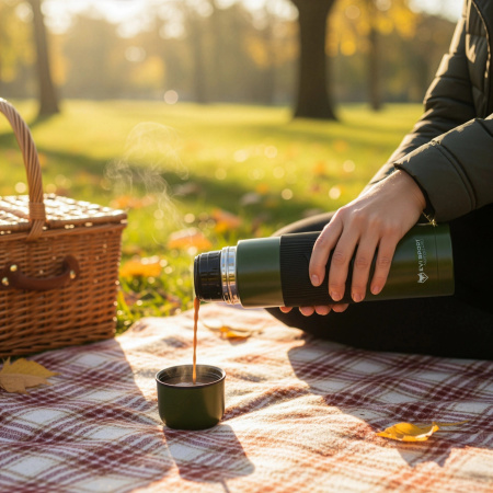 TRAVEL THERMOS FOR TEA COFFEE LEAKPROOF VACUUM STAINLESS STEEL 1L GREEN