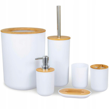 Accessory set of 6 pieces for bathroom WC set with bamboo - white