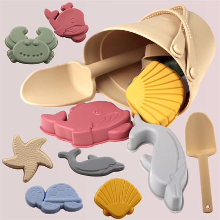 SILICONE SAND TOYS Soft Water-Friendly Beach GIGANT Set BUCKET & MOLDS