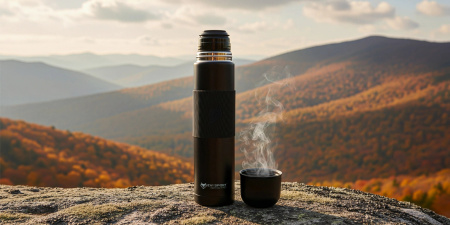 TRAVEL THERMOS FOR TEA COFFEE LEAKPROOF VACUUM STAINLESS STEEL 1L BLACK