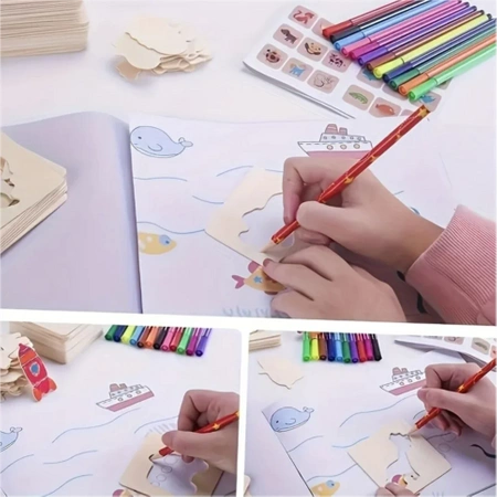 DŘEVĚNÉ ŠABLONY Učení Kreslení SADA Kreativní MONTESSORI pro Děti