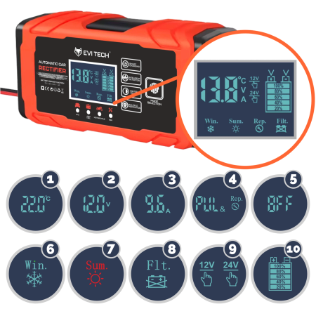 Automatický nabíječ autobaterií 12V 24V s funkcí OPRAVY