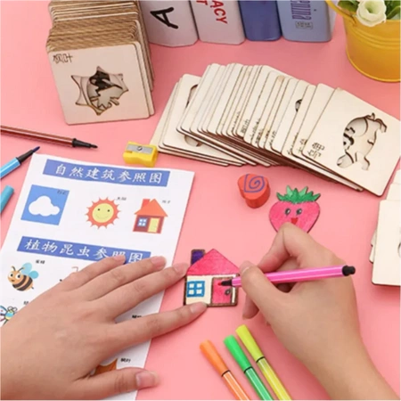 DŘEVĚNÉ ŠABLONY Učení Kreslení SADA Kreativní MONTESSORI pro Děti