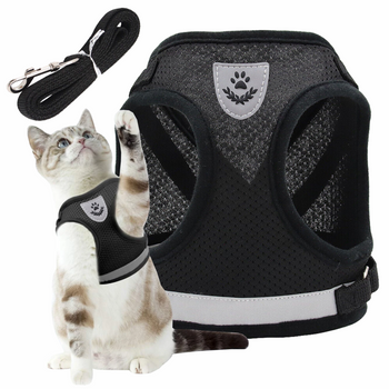 Adjustable non-restrictive walking harness for dogs and cats REFLECTIVE + 120 cm leash - S BLACK