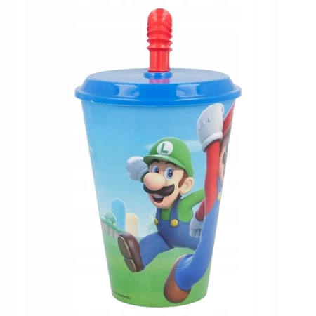 A SUPER MARIO cup with a straw and lid for a child