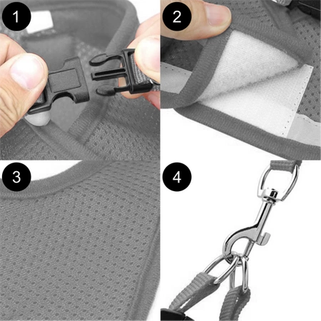 REFLECTIVE adjustable non-restrictive walking harness for cats and dogs + LEASH 120 cm - XS GREY