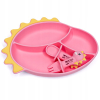 Silicone suction cup BLW plate for baby DINOZAUR and cutlery - pink