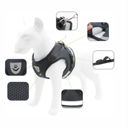 Adjustable non-restrictive walking harness for dogs and cats REFLECTIVE + 120 cm leash - S BLACK