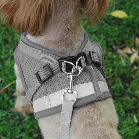 REFLECTIVE adjustable non-restrictive walking harness for cats and dogs + LEASH 120 cm - XS GREY