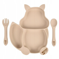 Silicone saucer with suction cup and BLW cutlery - beige squirrel