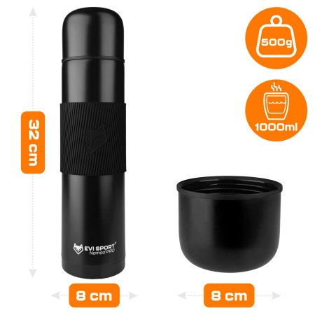 TRAVEL THERMOS FOR TEA COFFEE LEAKPROOF VACUUM STAINLESS STEEL 1L BLACK