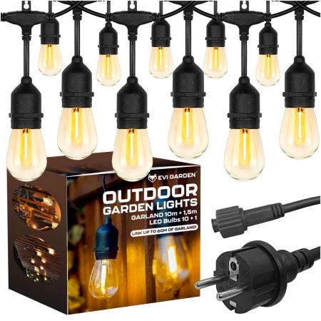 GIRLANDA ŚWIETLNA OGRODOWA Zewnętrzna 10M Żarówki 10+1 LED Lampki do 60m