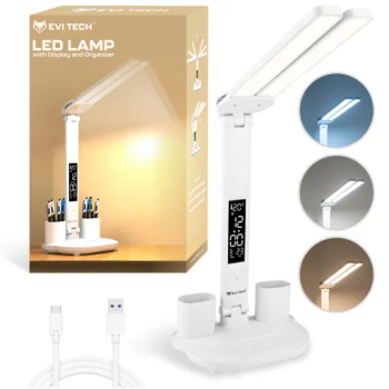 LAMPKA NA BIURKO LED PODWÓJNA BIURKOWA ZEGAR ORGANIZER TEMPERATURA DATA 6w1