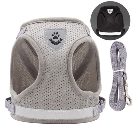 REFLECTIVE adjustable non-restrictive walking harness for cats and dogs + LEASH 120 cm - XS GREY