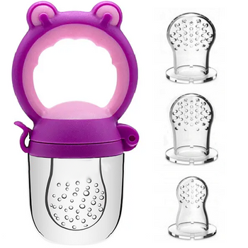 Kousátko na ovoce a učení se jíst, dudlík BLW + sada S, M, L - barva růžová a fialová