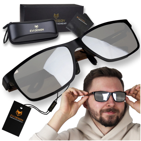 Okulary przeciwsłoneczne Polaryzacyjne NERDY drewniane UV400 zestaw XXL z etui - srebrne lustrzanki
