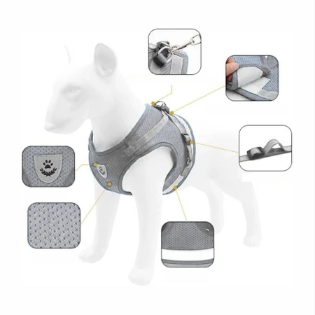 REFLECTIVE adjustable non-restrictive walking harness for cats and dogs + LEASH 120 cm - XS GREY