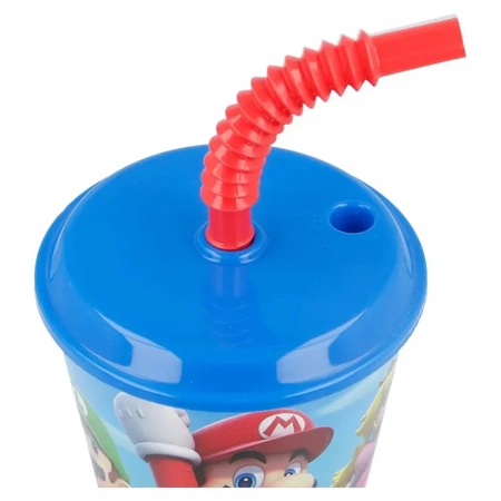 A SUPER MARIO cup with a straw and lid for a child