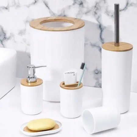 Accessory set of 6 pieces for bathroom WC set with bamboo - white