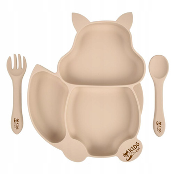 Silicone saucer with suction cup and BLW cutlery - beige squirrel