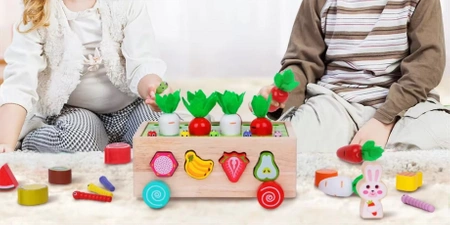 MONTESSORI drewniany zestaw ZŁAP ROBACZKA sorter klocków AUTO układanka XXL