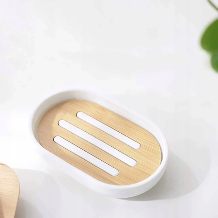 Zestaw akcesoriów 6 elementów do łazienki WC komplet z bambusem - biały