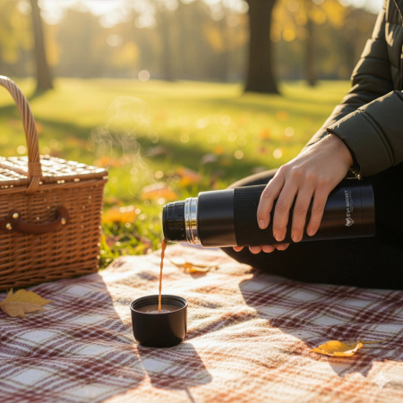 TRAVEL THERMOS FOR TEA COFFEE LEAKPROOF VACUUM STAINLESS STEEL 1L BLACK