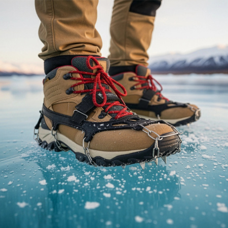 HIKING SHOE GRIPPERS ANTI-SLIP CHAINS TREKKING SPIKES WITH CASE - 41-44 CRAMPONS PREMIUM