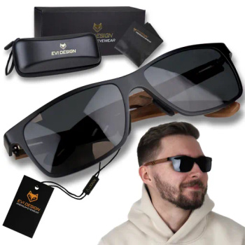 Okulary przeciwsłoneczne Polaryzacyjne NERDY drewniane UV400 zestaw XXL z etui - czarne szkła