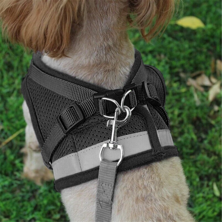 Adjustable non-restrictive walking harness for dogs and cats REFLECTIVE + 120 cm leash - S BLACK