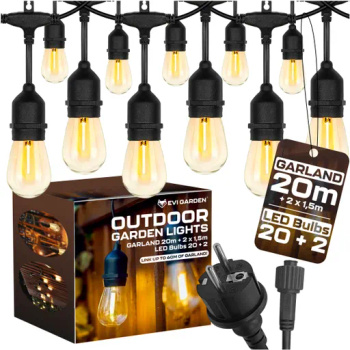 GIRLANDA ŚWIETLNA OGRODOWA Zewnętrzna 20M Żarówki 20+2 LED Lampki do 60m