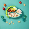 Silicone suction cup BLW plate for baby DINOZAUR and cutlery - green