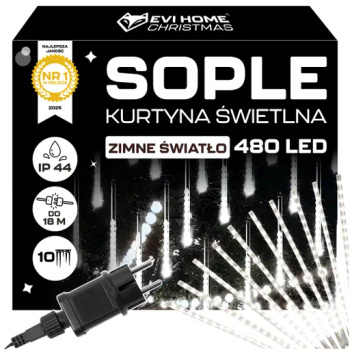 LAMPKI ZEWNĘTRZNE SOPLE LED 480 50CM PADAJĄCY ŚNIEG METEORY GIRLANDA 10 SZT - ZIMNE