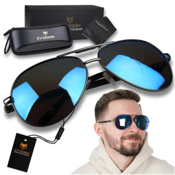 Okulary przeciwsłoneczne Polaryzacyjne AVIATOR Pilotki UV400 zestaw XXL z etui - niebieskie lustrzanki